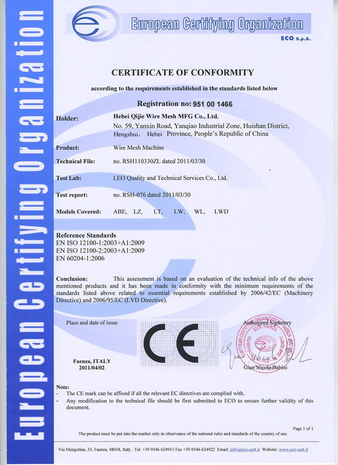 Çin Hebei Qijie Wire Mesh MFG Co., Ltd Sertifikalar